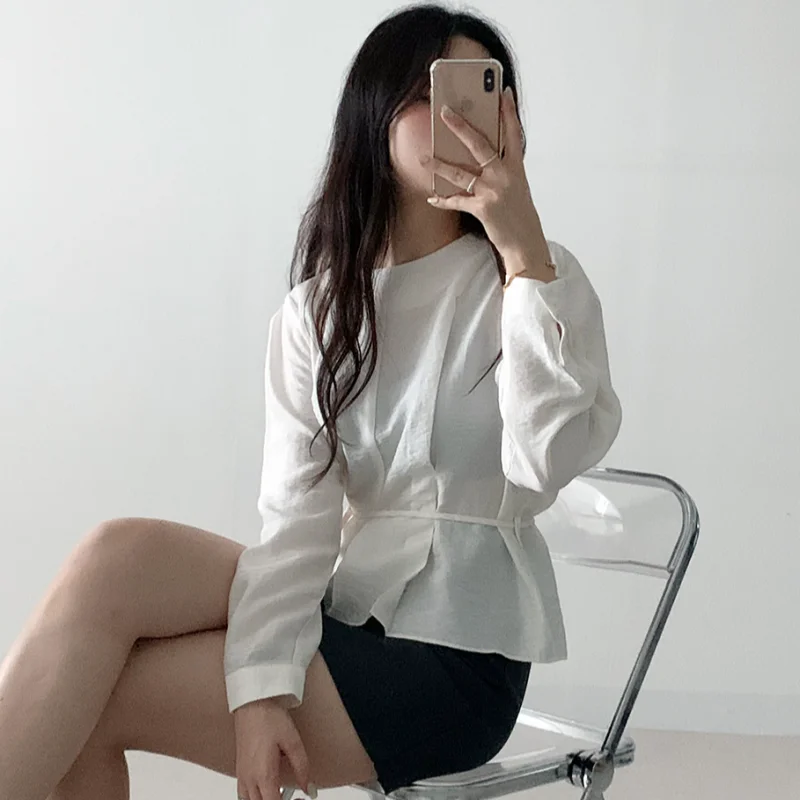 

Элегантная легкая плиссированная юбка с длинным рукавом, круглым вырезом и поясом, для офиса и повседневной носки