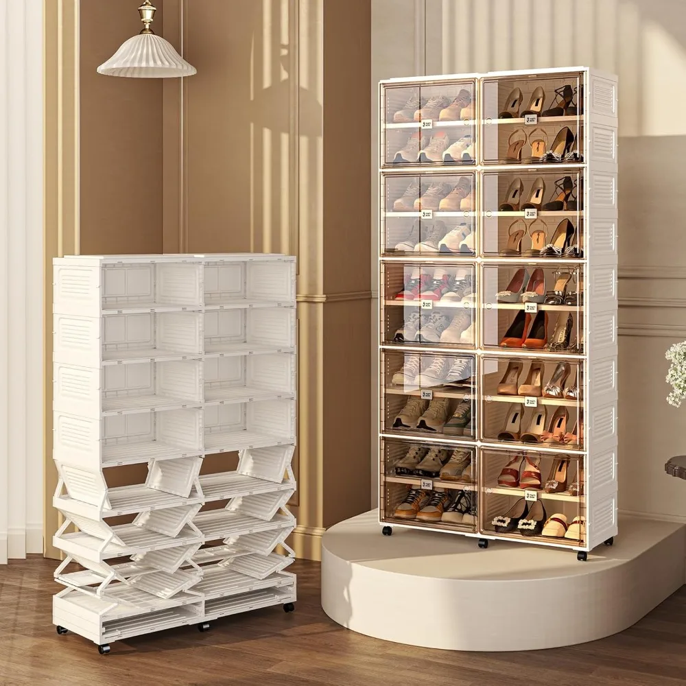 Shoe Storage Cabinet Portable with Wheels & Magnetic Clear Door, 10 Tiers 40 Pairs Foldable Large Sneaker Cabinet