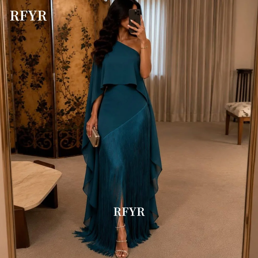 RFYR Teal Prom Dress with Tassels A Line Party Dress One Shoulder Flare Sleeve Evening Dress for Women Gala Dress Customized