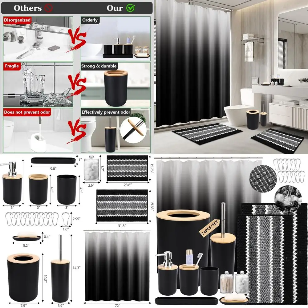 

Elegant Black Bathroom Accessory Set with Shower Curtain and Mats for Home Decor and Housewarming Gifts