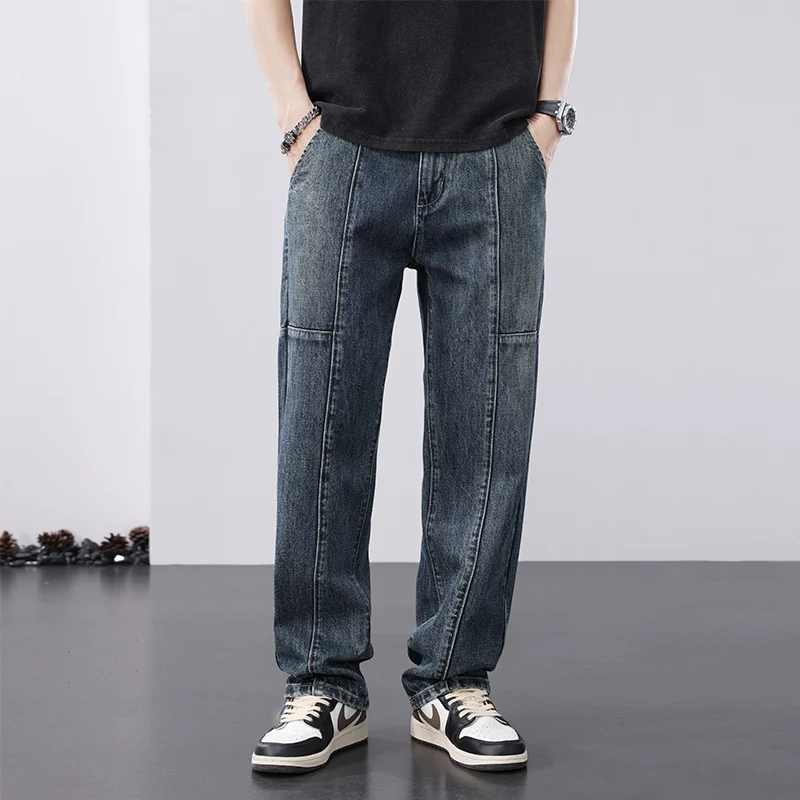 Spring and Autumn Loose Straight American High Street Spliced Denim Pants Size 28-40 Streetwear Men Wide Leg Jeans