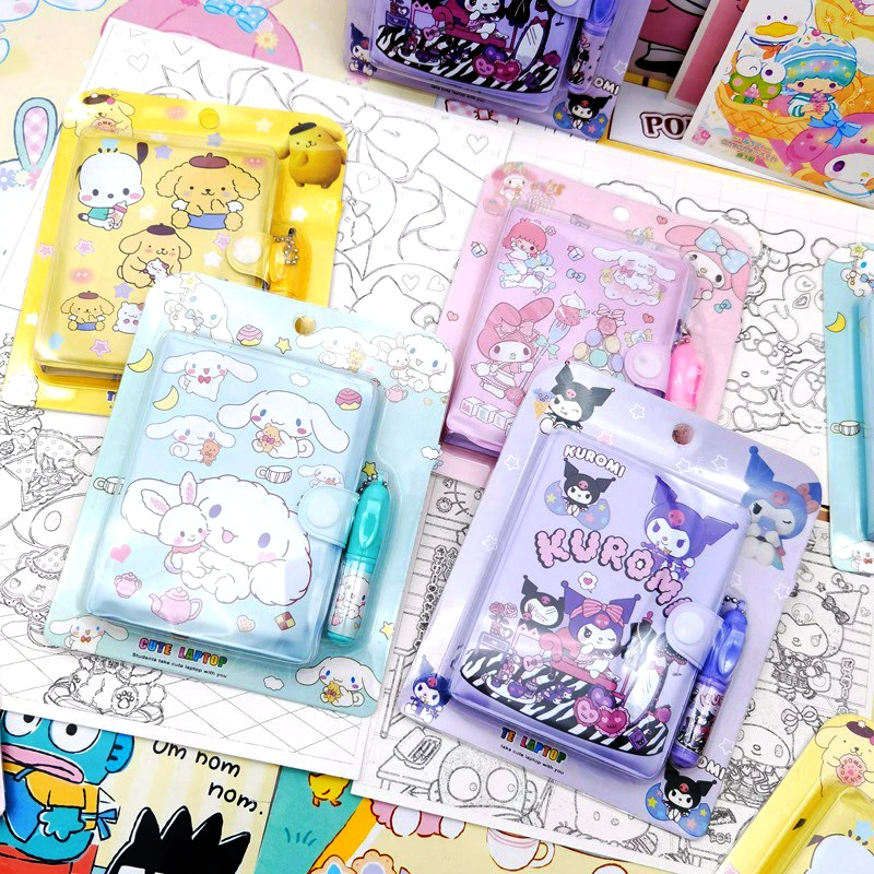 Sanrio Notebook Journal Kawaii  MIni My Melody Kuromi Cinnamoroll Portable Notepad Add pen School Supplies Stationery Girl Gift