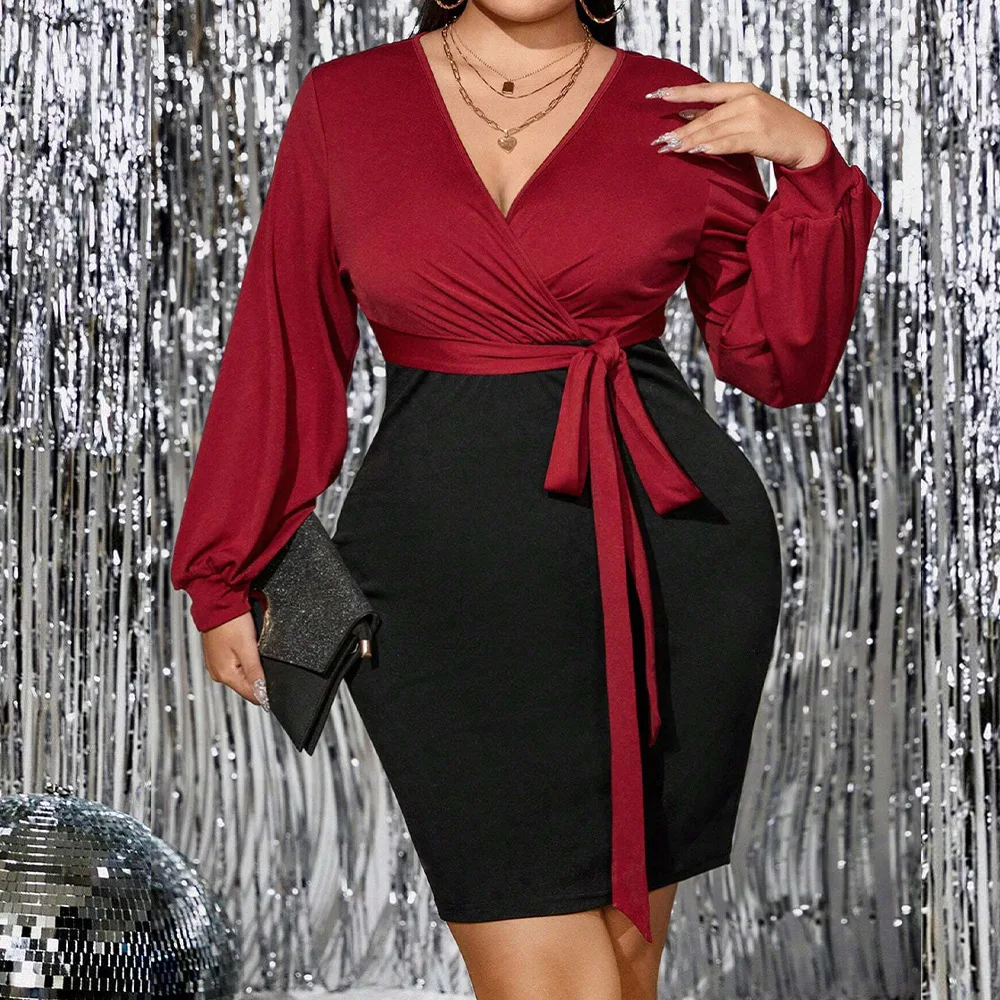 Plus Size Women Dresses Splicing Color Collision Sexy V-neck Long-sleeved Dress 2024 New Temperament Elegant Lady Straps Dresses