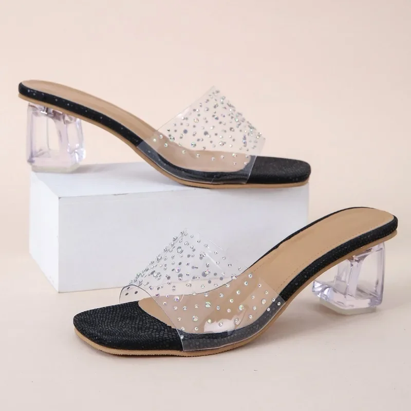 Women's High Heel Slippers 2023 Summer New Crystal Heel Hot Diamond Outwear Fashion Straight Line