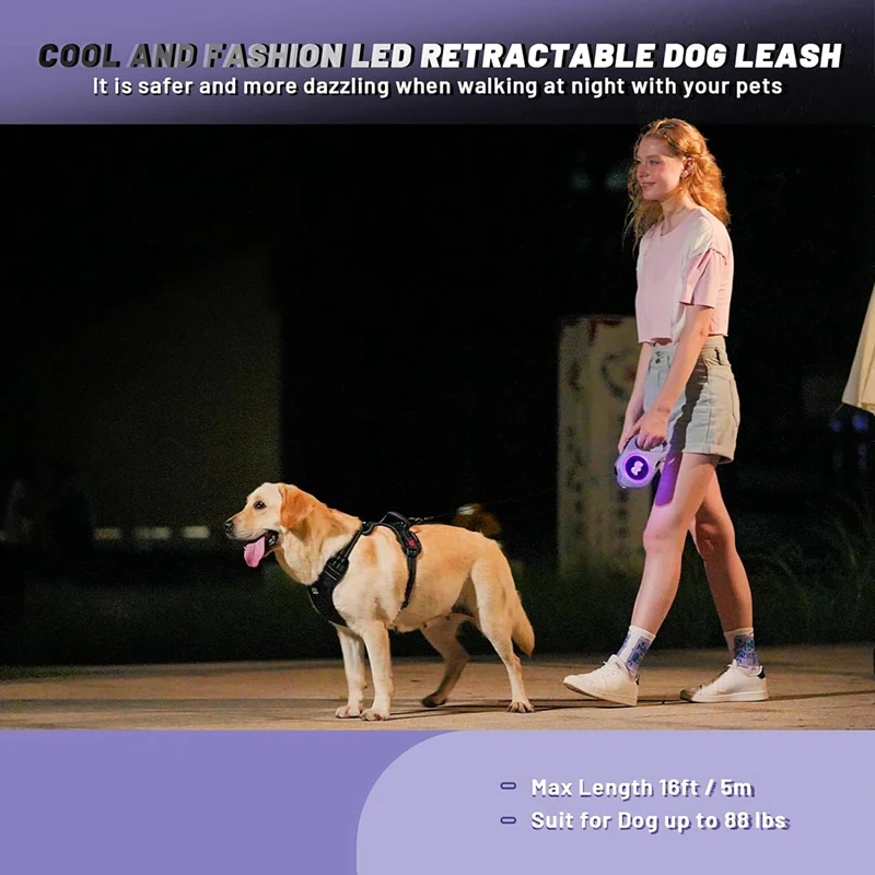 Correa retráctil para perros con luz LED recargable, cinta de nailon resistente de 16 pies para paseos nocturnos de hasta 88 libras, color morado para mascotas, fácil de usar