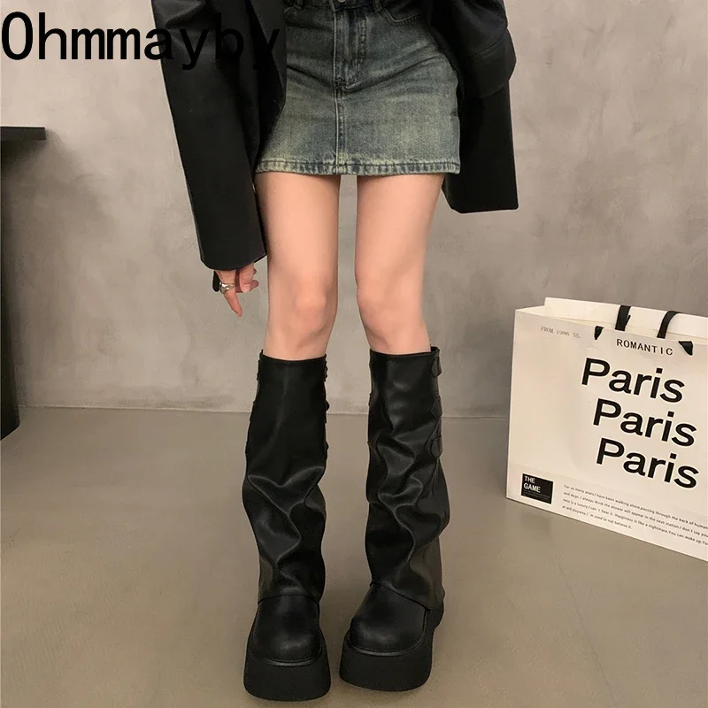 Punk Style Belt Buckle Long Knee-High Women Boots Fashion Platform Heels Shoes Autumn Winter Slip On Party Botas Mujer