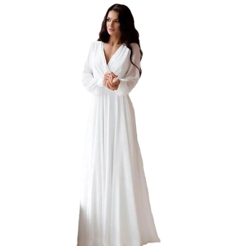 

V-Neck Wedding Dresses Long Sleeve A-Line Fashion Vestidos De Novia Court Train Appliques Chiffon Robe De Mariée Custom-Made