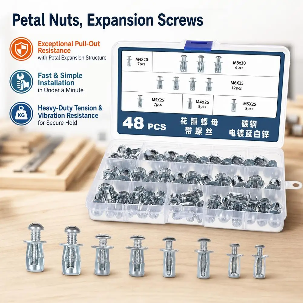 48/90PCS Nut Expansion Rivets Screw Kit M4 M5 M6 M8 Jack Petal Shape Hollow Wall Anchors Iron Skin Fasteners