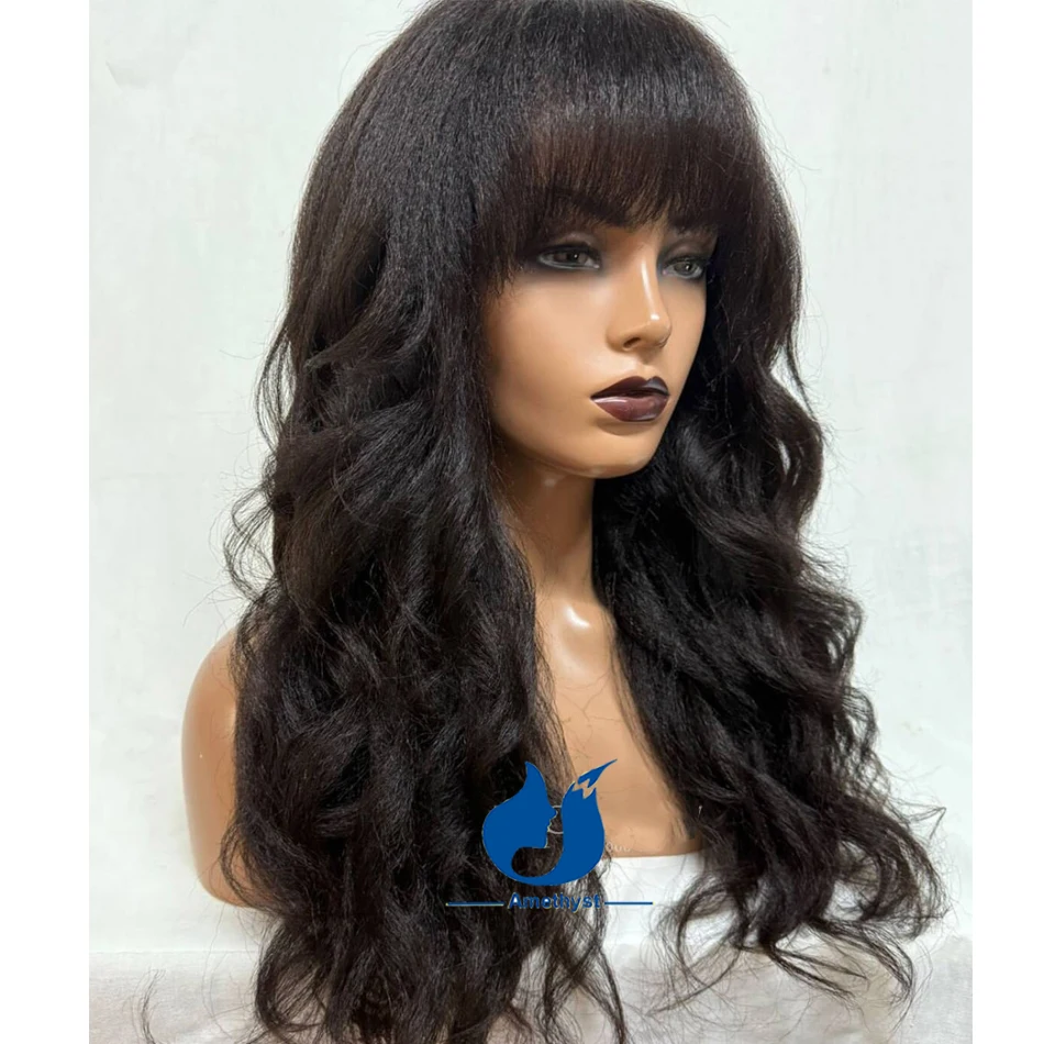 

Аметист Натуральный Черный Яки Волна Полный Машинный Парик Человеческих Волос с Челкой Реми Бразильские Мягкие Волосы для Чернокожих Женщин