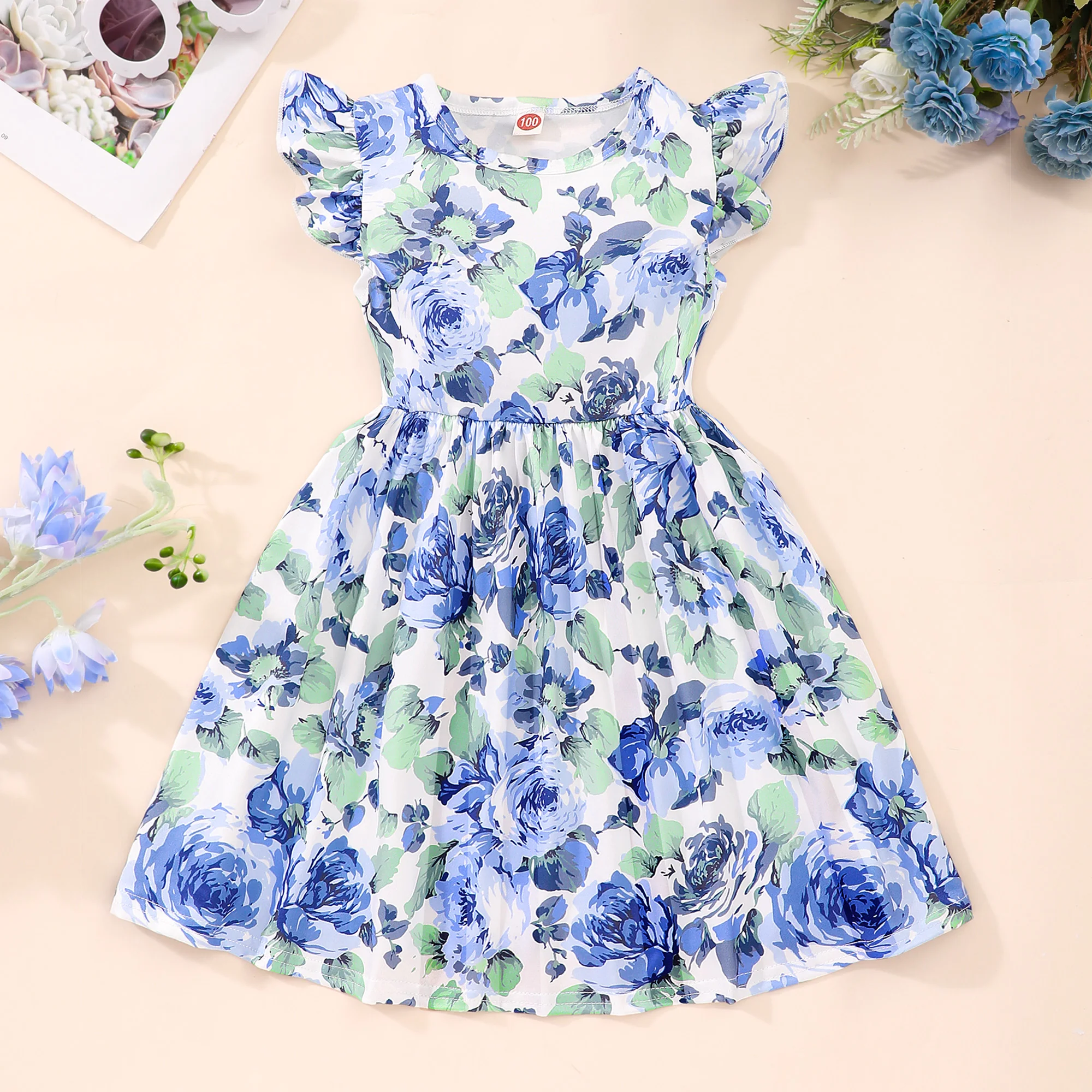 Girls Casual Flower Print Crew Neck Flutter Trim Dresses For Summer Holiday Party