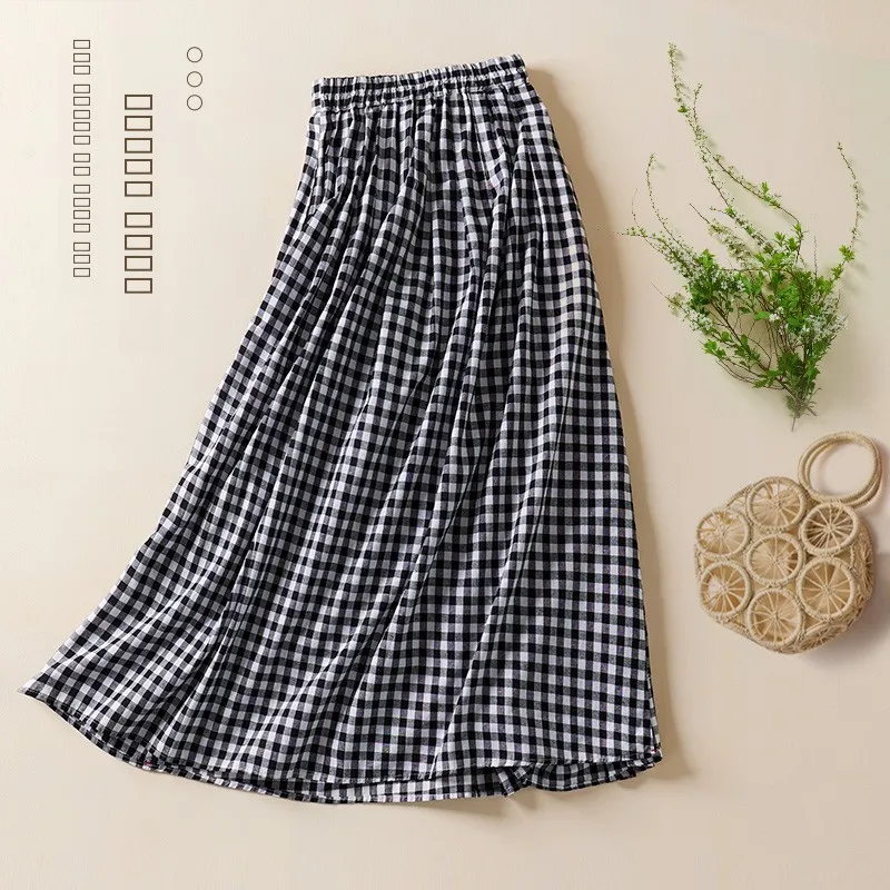 

Летняя женская юбка А-силуэта из хлопка и льна в клетку с завышенной талией, свободного кроя, повседневная, с деталями кэжуал