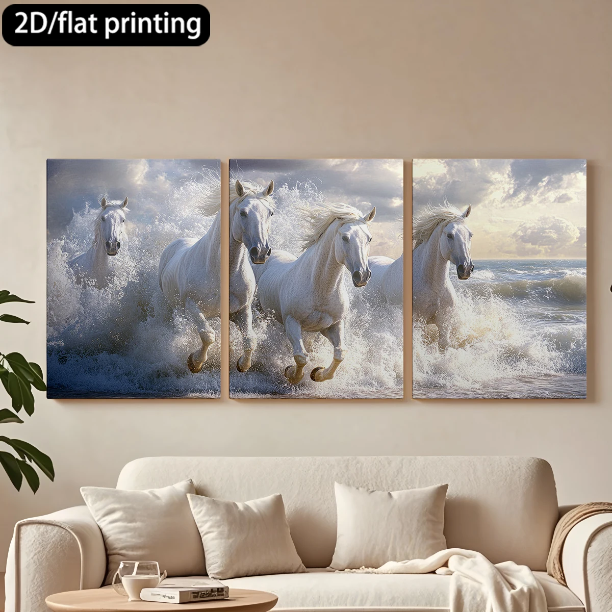 Impresión plana 2D, 3 piezas, lienzo con marco de madera, pintura decorativa, caballos blancos, olas del océano. Decoración para pasillo y dormitorio.
