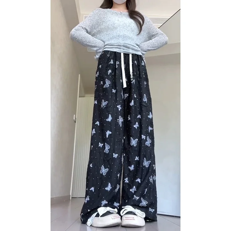 Retro gelo seda calças de perna larga das mulheres verão 2025 novo preguiçoso pequeno fla diamante high-end calças casuais coreano sle