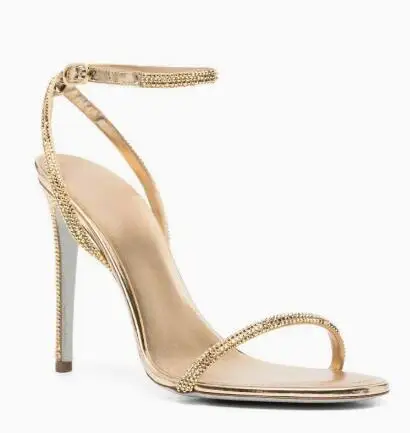 Gold Black Full Crystal Rhinestone Thin Strap High Heel Sandals Round Open Toe One Line Ankle Strap Thin Heels Formal Prom Pumps
