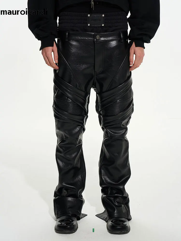Mauroicardi Spring Autumn Cool Long  Double-waist Pu Leather Straight Pants for Men Luxury Brands Original Deconstructed Clothes
