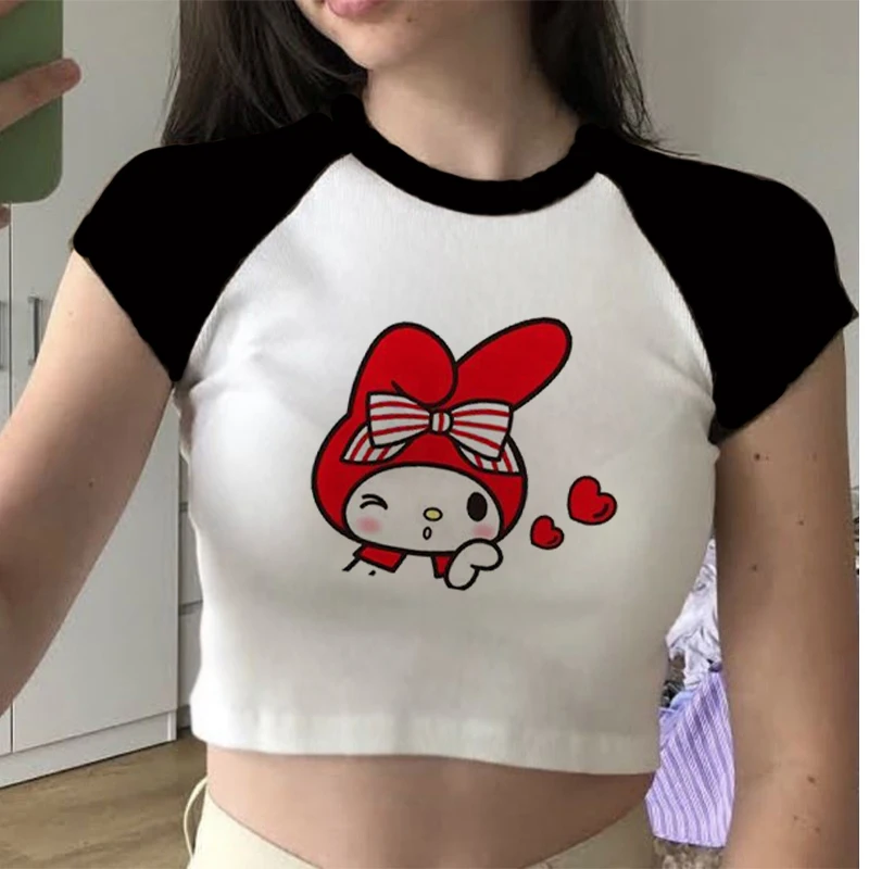 Aesthetic Y2k Cute Anime Melody Prints Women Cartoon Crop T-shirt New Summer Harajuku Casual Short Sleeved Streetwear Tees