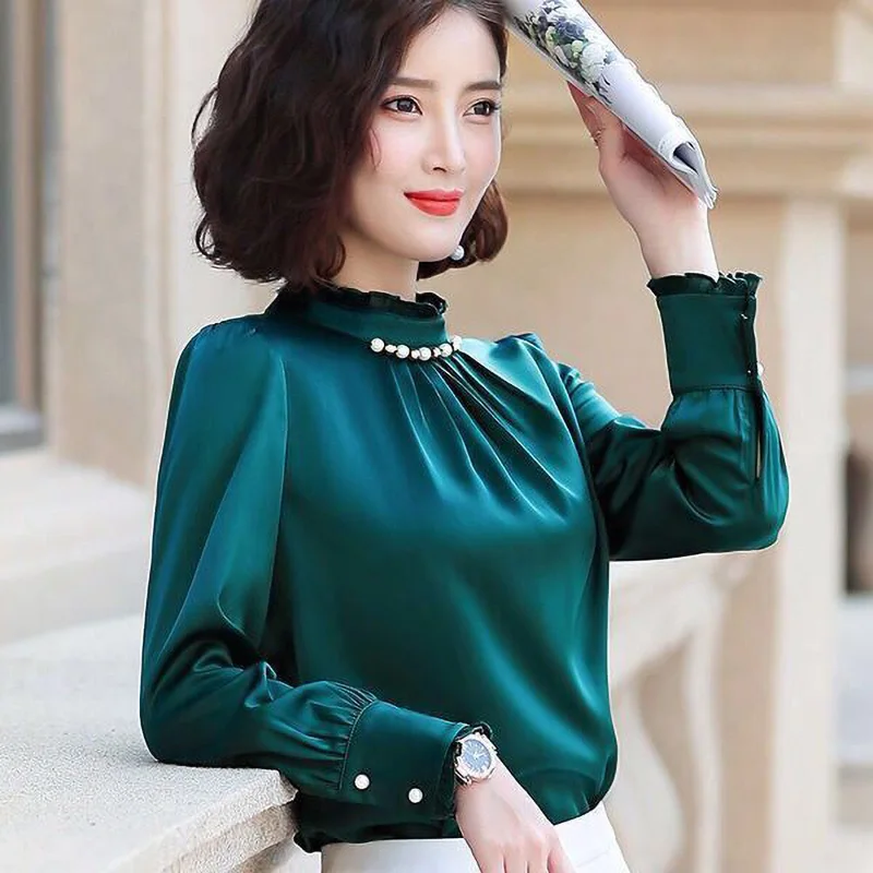 Elegant Petal Sleeve Beading Oversized Long Sleeve Satin Shirt Vintage Loose Commute Women Clothing Spring Autumn Casual Blouse