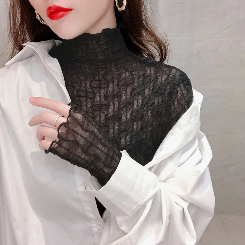 

Versatile High Collar Long Sve Lace Women's irt Spring Autumn Inner Layer Me Netting Women's Faion Silk Stripe Commu...