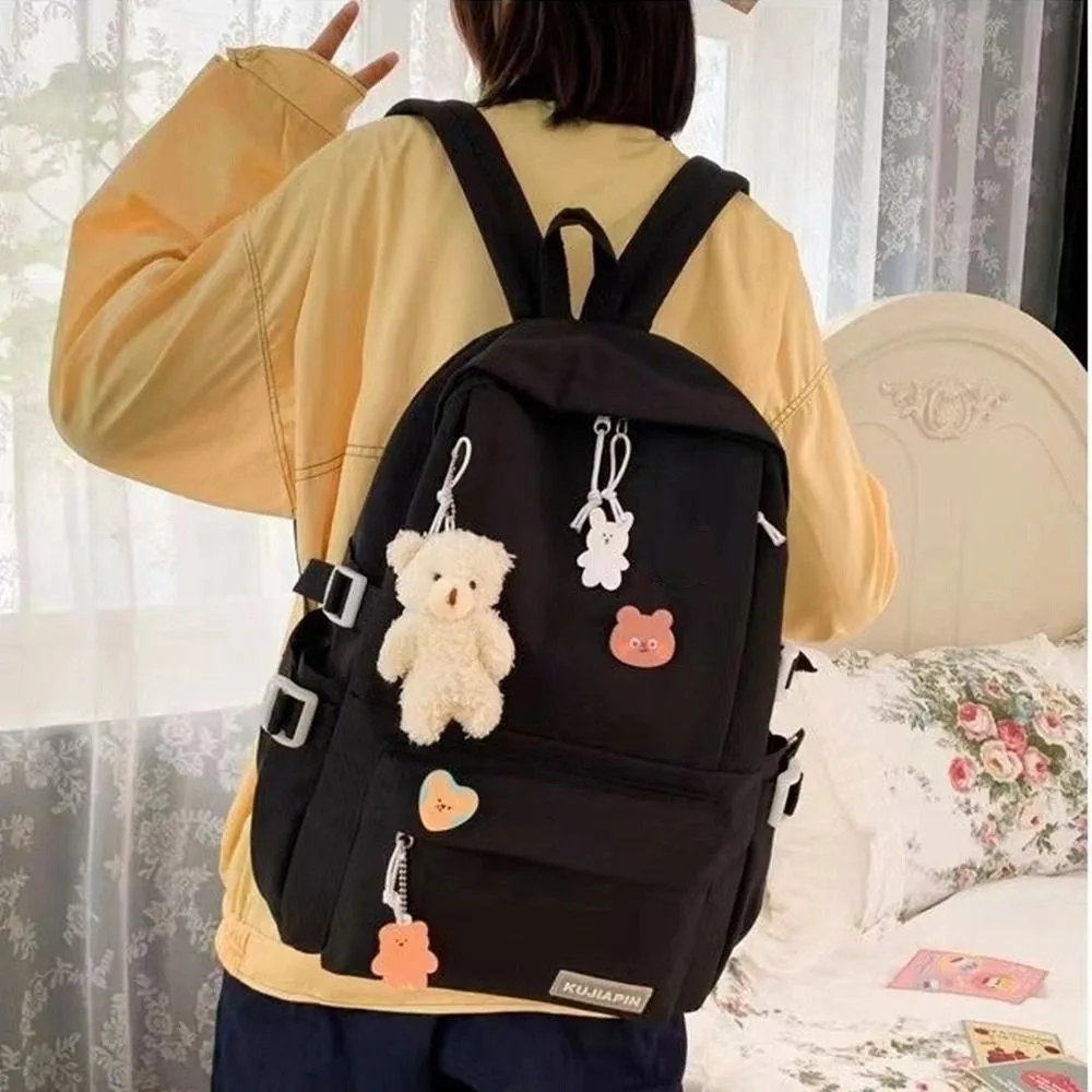 Cute Bear Pendant Solid Color Backpack Badge Large Capacity Students School Bag Storage Bag Travel Bag Shoulder Bag Students