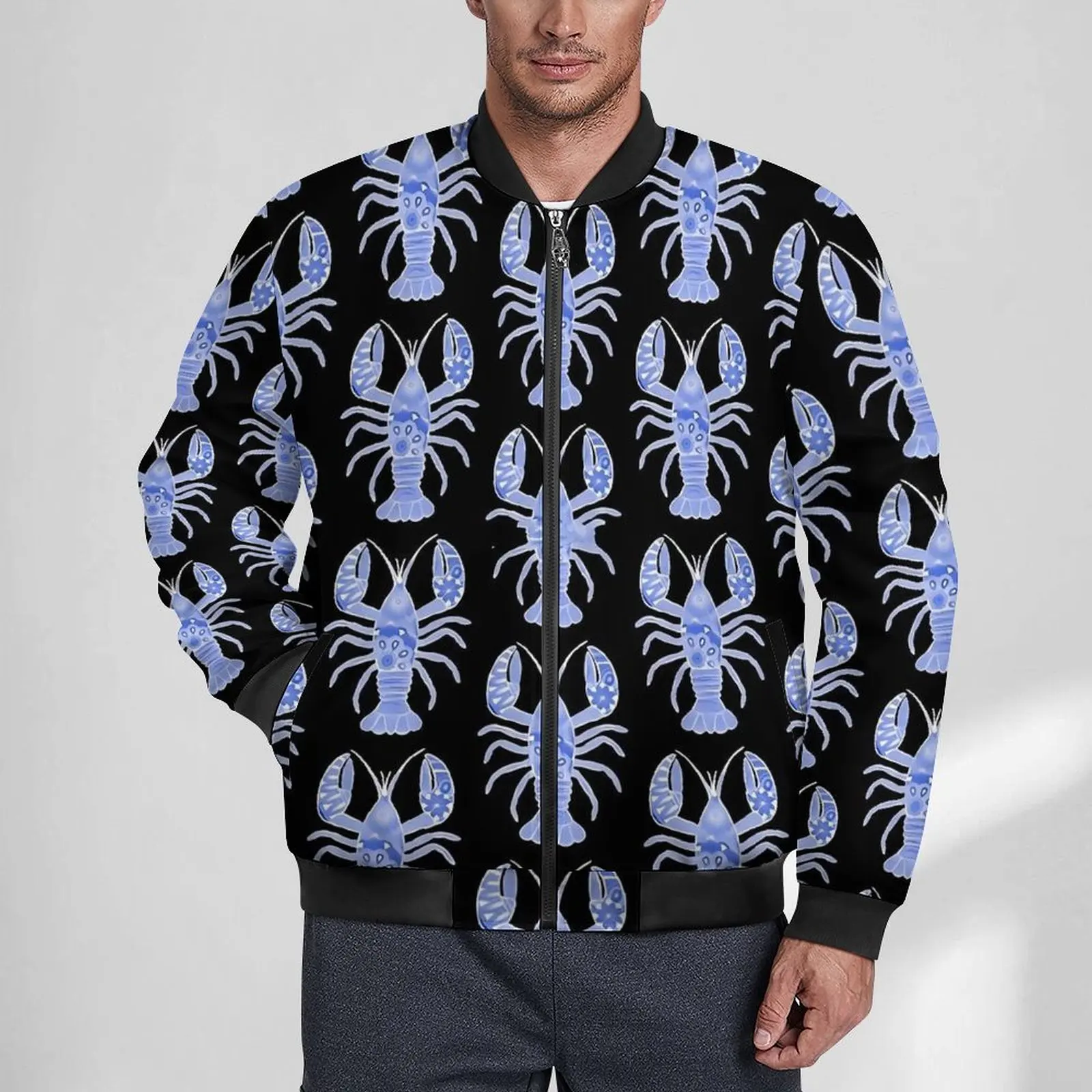 

Lobster Print Casual Jackets Male Blue and White Coats Autumn Streetwear Jacket Zipper Custom Outdoor Clothing Big Size 5XL 6XL