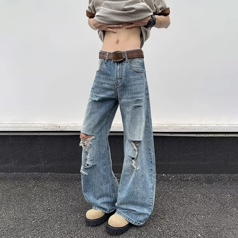 WTHT Moda Uomo Foro di Lavaggio Burr Edge High Street Pantaloni in Denim Vintage Stile Americano Jeans a Gamba Larga Maschile 2025 Estate 2A1217