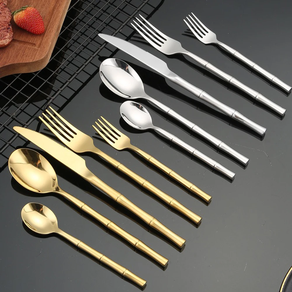 18/10 Cutlery Set Stainless Steel Steak Knife Fork Bamboo Design Golden Dinnerware Set Silver Flatware Set For 4/6