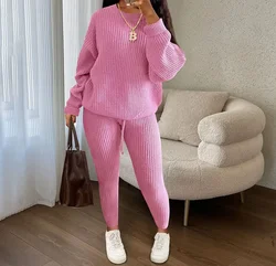 Casual Two Piece Sets Women Clothing Fashion Solid Round Neck Pullover Loose Pit Knitted Sweater Pants Suits 2024 Autumn/winter