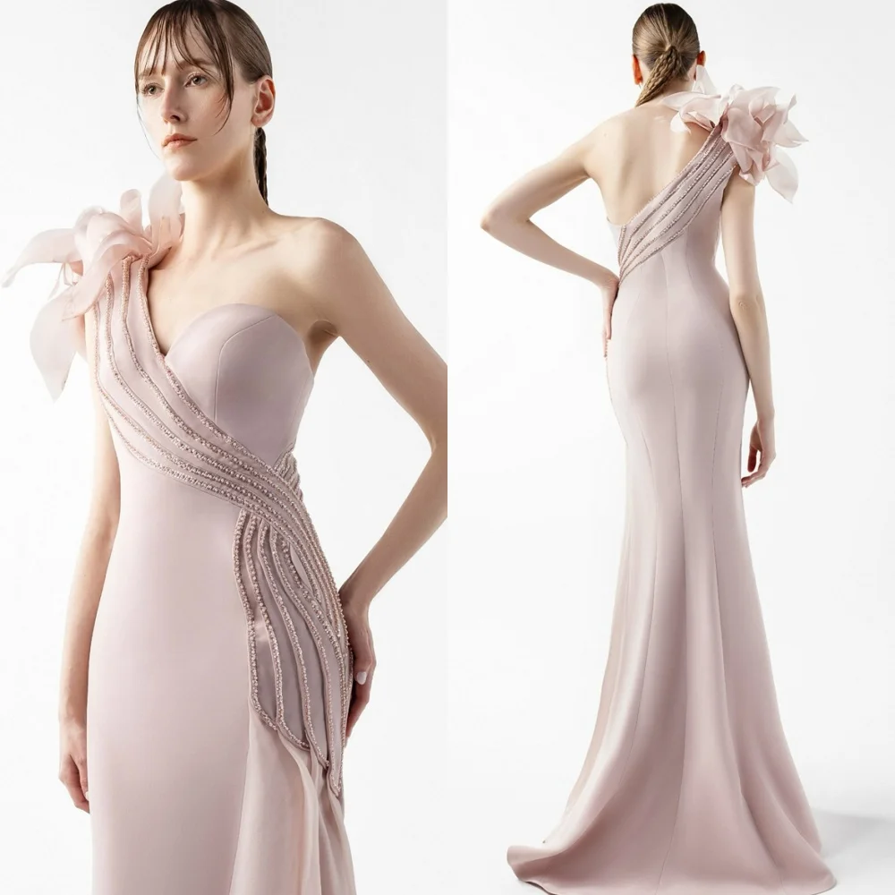 

Customized Mermaid Pink Jersey Evening Dress Formal One Shoulder Flowers Homecoming Dresses Classic Special Occasion Gowns