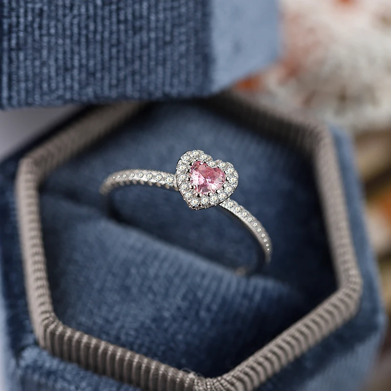 Luxury Fashion Authentic S925 Silver Love Pink Diamond Proposal Engagement Geometric Jewelry Ring for Women
