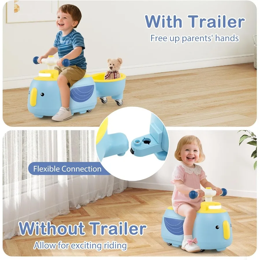 トレーラー付き乗用玩具、屋内外兼用、幼児用乗車玩具、シート下収納、LEDライト、音楽、足で押すスライドカー
