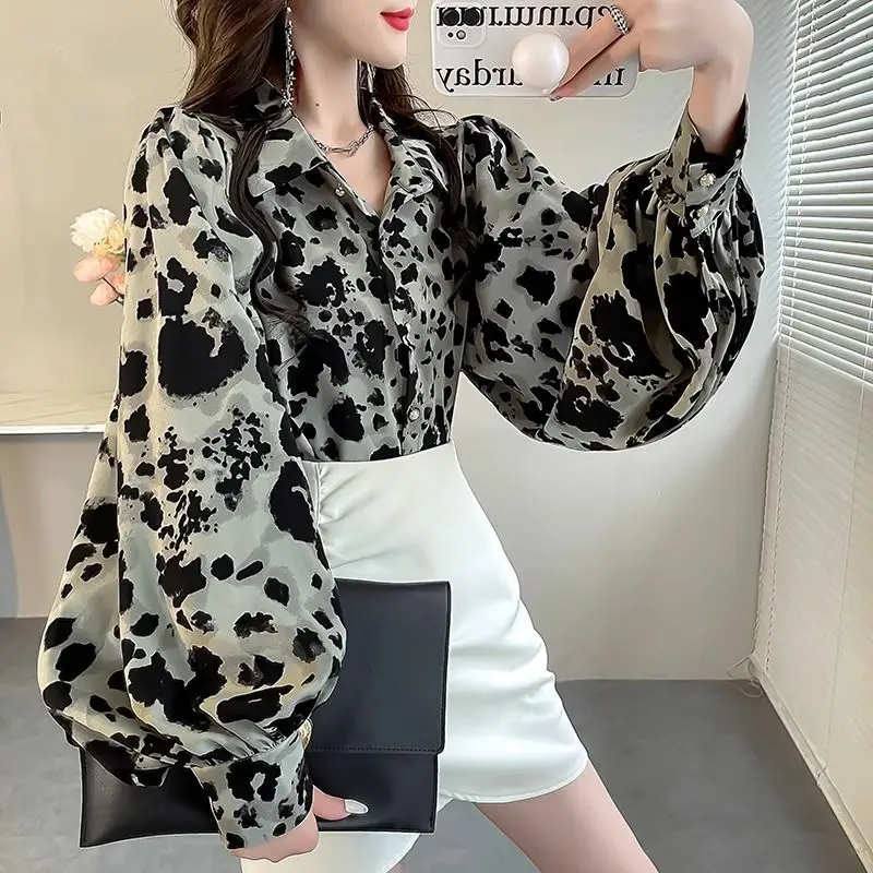 Leopard Print Shirt Women\'s Long Sleeved Top Fashionable and Stylish Shirt Women\'s Printed Lantern Sleeve Chiffon Shirt