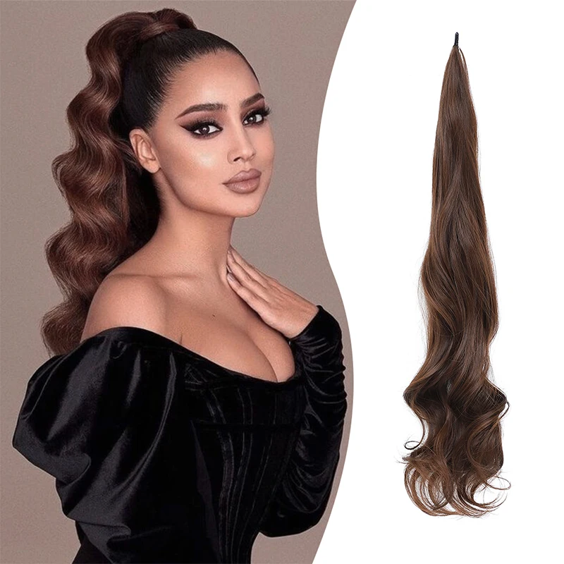 

Synthetic Brown Ponytail Long Wave Flexible Wrap Around Fake Tail for Women Heat Resistant Wavy Hairpiece Horse Tail Extensions