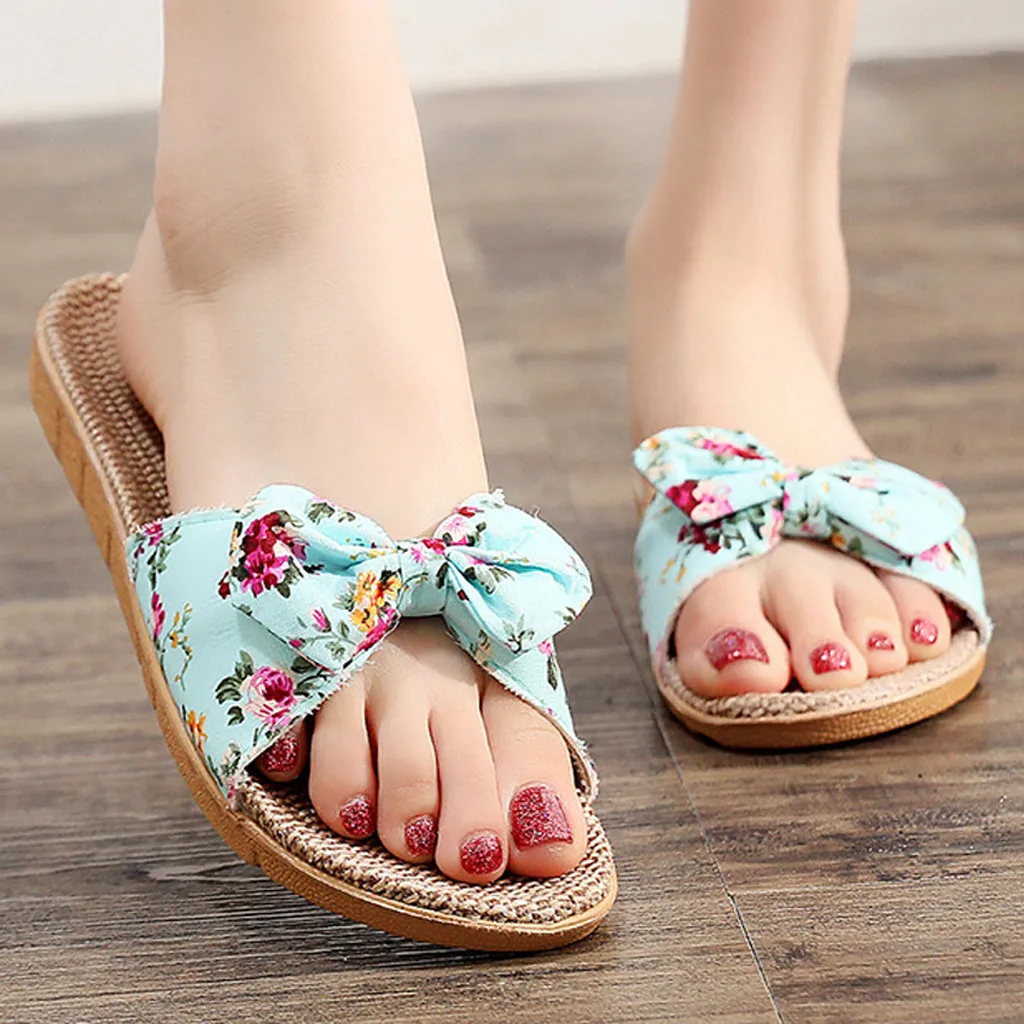 2024 New Boho Bow Flower Fashion Sandals Women\'s Summer Casual Flats Linen Slippers Beach Shoes Comfortable Home Sandals