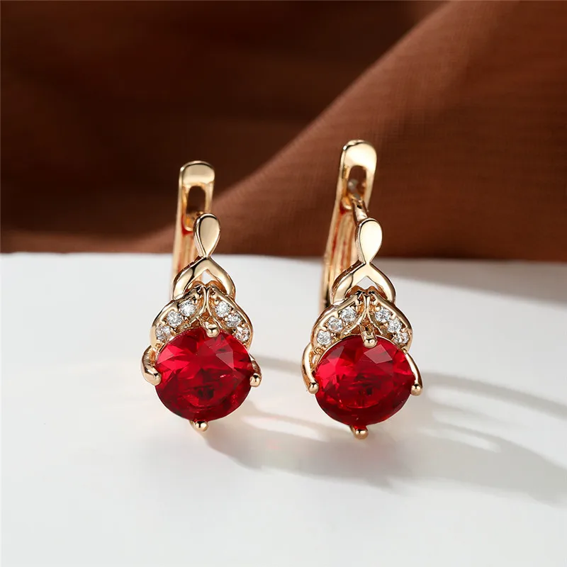 Classic Round Red Zircon Hoop Earring Luxury Female Crystal Stone Jewelry Charm Gold Color Birthstone Earrings For Women