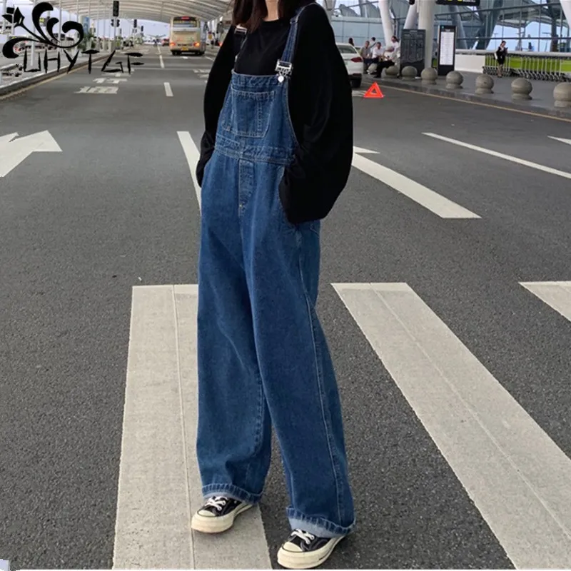 UHYTGF Women Denim Pants Suspenders Vintage Streetwear Jumpsuit Korean Straight Wide Leg Pants Casual Jeans Female Trousers 2175