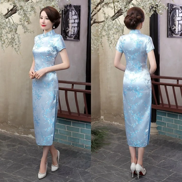 Chinese Traditionele Jurk Vrouwen Satijn Veel Kleur Cheongsam Qipao Zomer Korte Mouw Lange Jurk Voor Feestkostuum