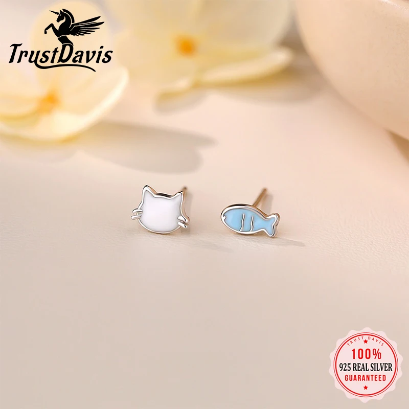 Trustdavis Real 999 Silver Fashion Sweet and Cute Cat and Fish Earrings for Women Daily Wear Jewelry Gift DS4684