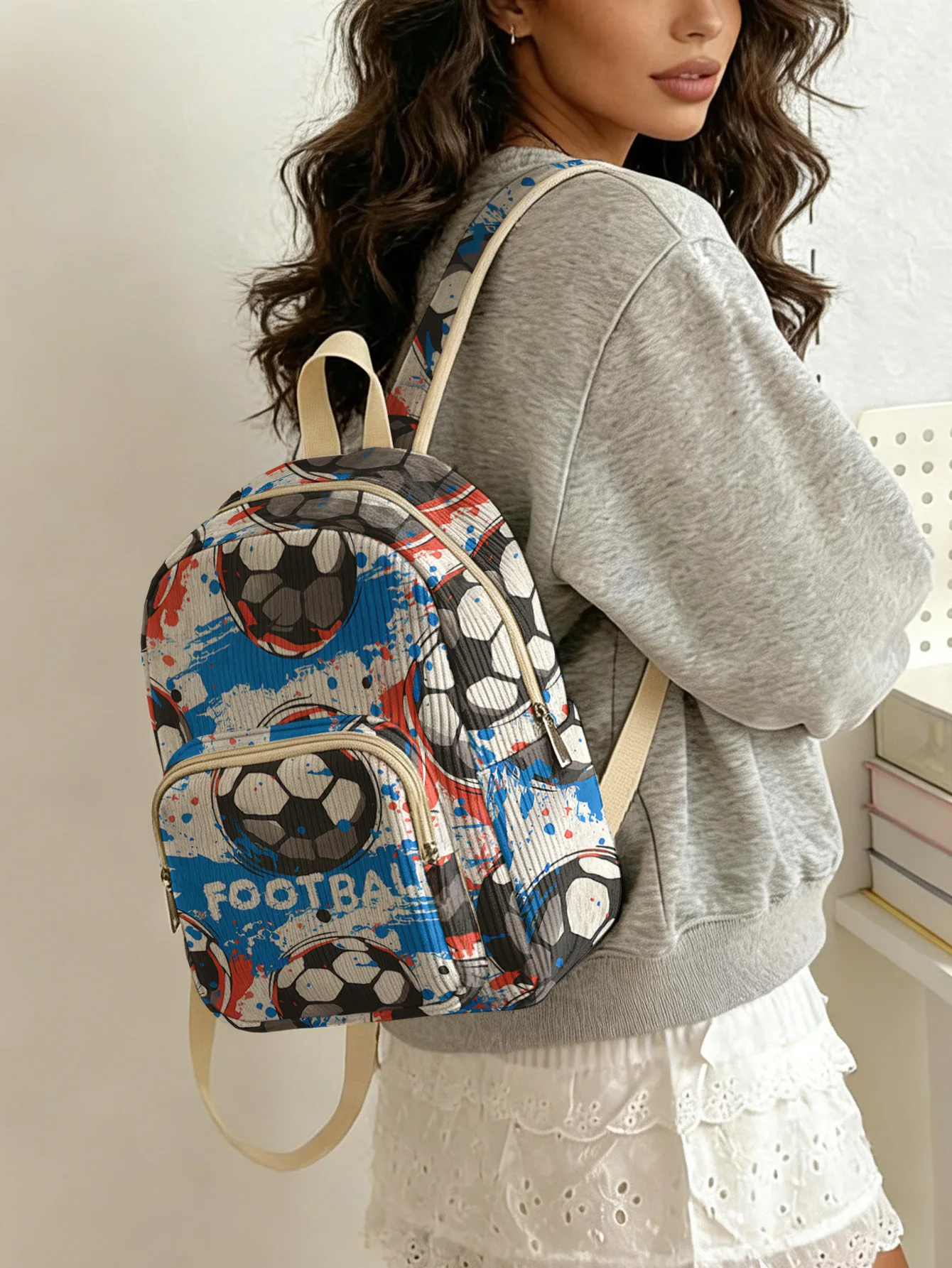 

Женский модный рюкзак с принтом граффити и футбольным мотивом, вельветовая сумка с множеством карманов, вместительная сумка для поездок на работу