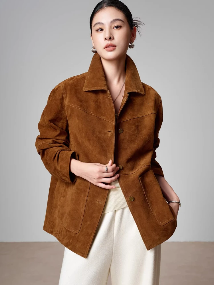 

Vintage Genuine Leather Blazer Jackets for Women Spring Autumn 2026 New High-end Simple Loose Casual Real Sheepskin Suede Coat