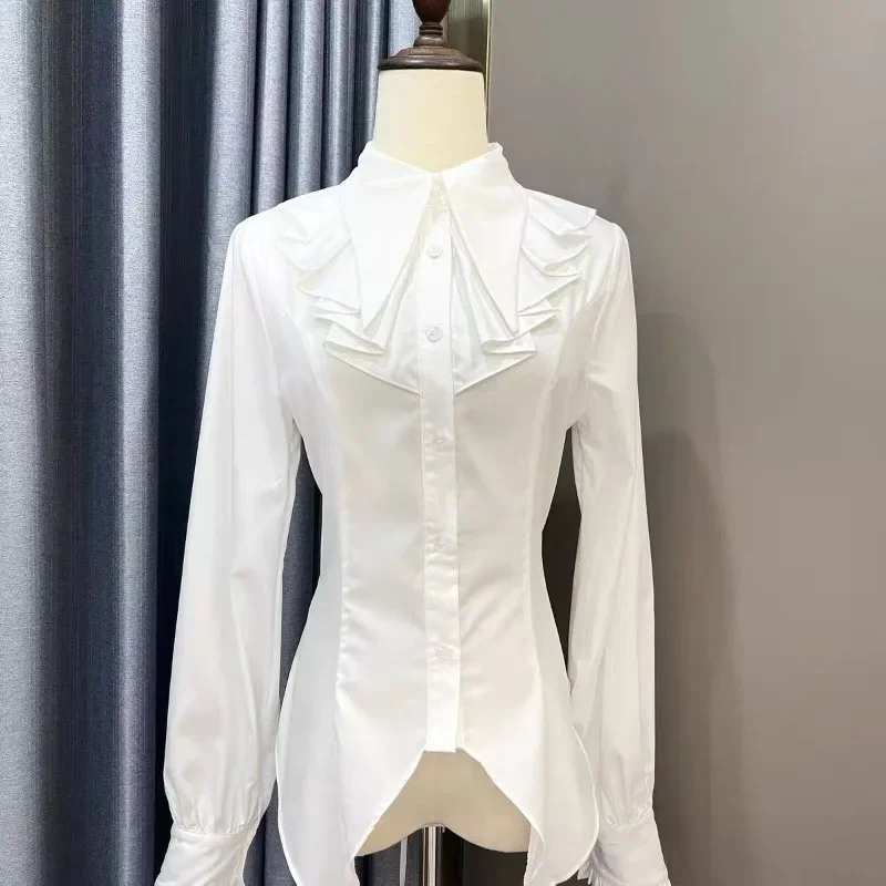 Gothic Tail Shirt Blouse Ruffle Jabot Swallow Women Frill Long Sleeve Blouse Lapel Collar Lolita Victorian Costume Tops Black