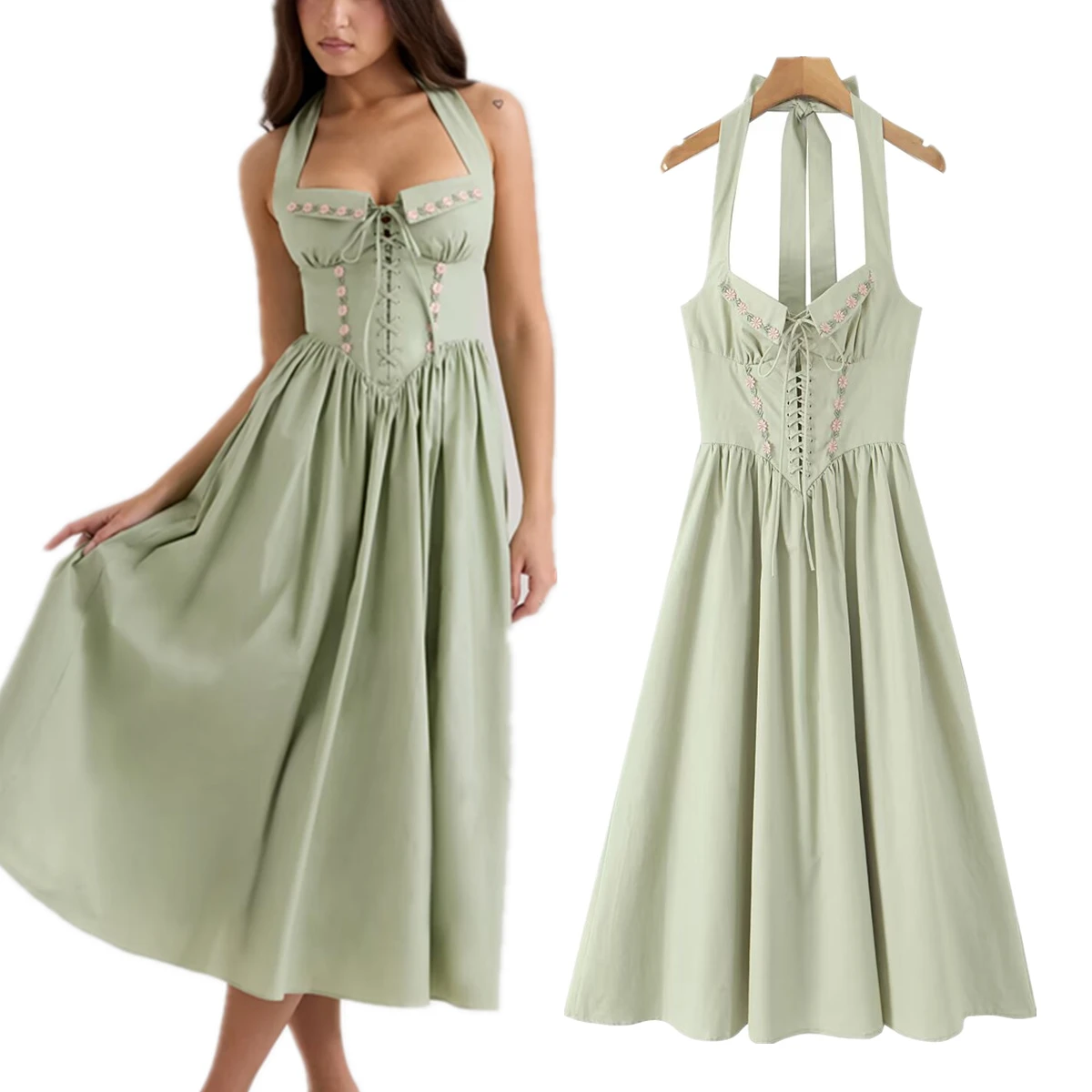 Jenny&Dave French Country Style Lazy Light Green Flower Embroidered Suspender Dress For Women Lace Up Slim Fit Party Dress Women