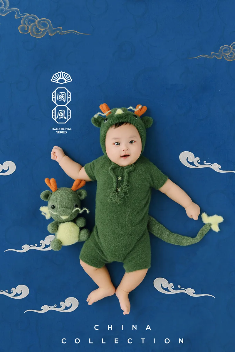 ❤️Baby Photography Clothing Knit Dragon Hat+Jumpsuit+Doll 3Pcs/Set Infant Photo Props Accessories Studio Shoot Clothes Outfits