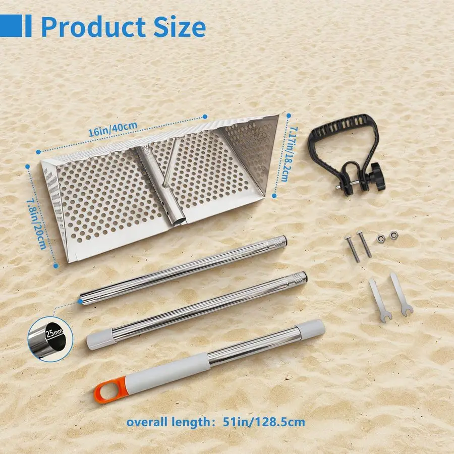Flea Rake, Detachable Long Handle Sand Sifter for The Beach, The Shark Tooth Screen Comes with a 16in Wide Drain Screen with a 5