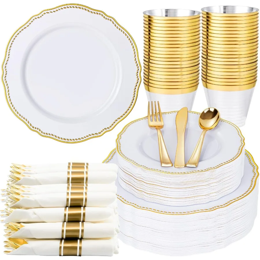 

175 шт., белые и золотые пластиковые тарелки, золотой пластиковый набор посуды, в комплект входит 25 обеденных тарелок, 25 десертных посуды, 25 чашек, 25 роликов