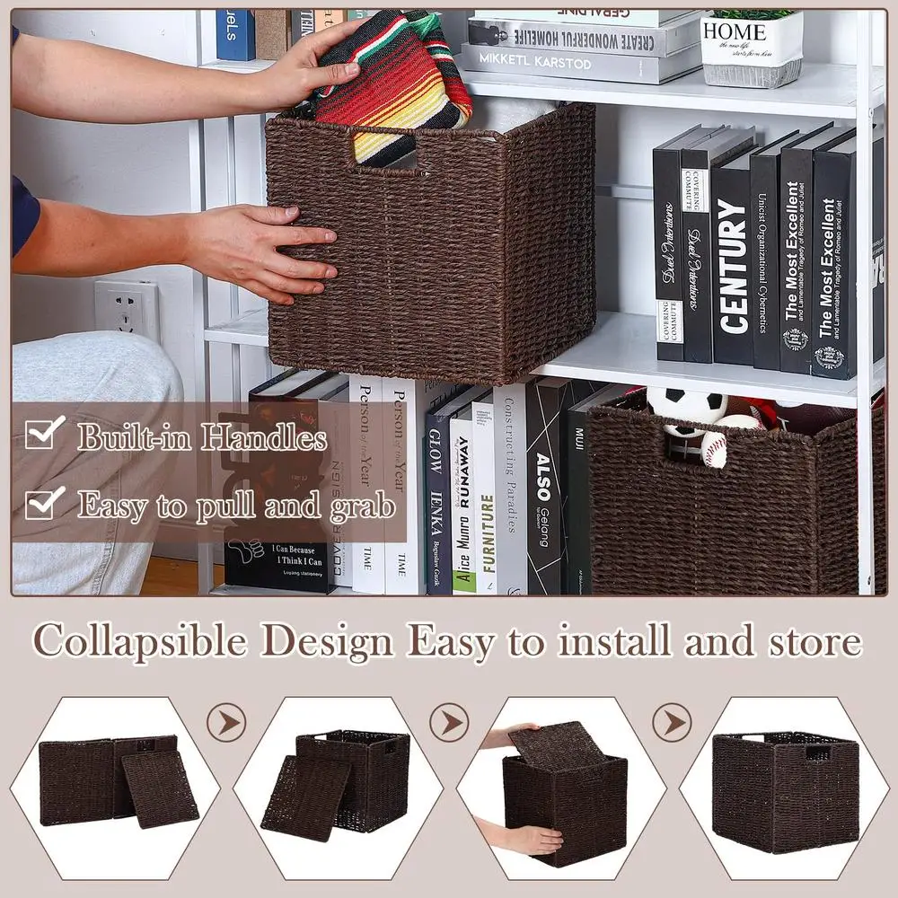 6-Pack Hand-Woven Willow Rattan Storage Baskets Collapsible Wicker Cube Bins 11x11x11 Inch