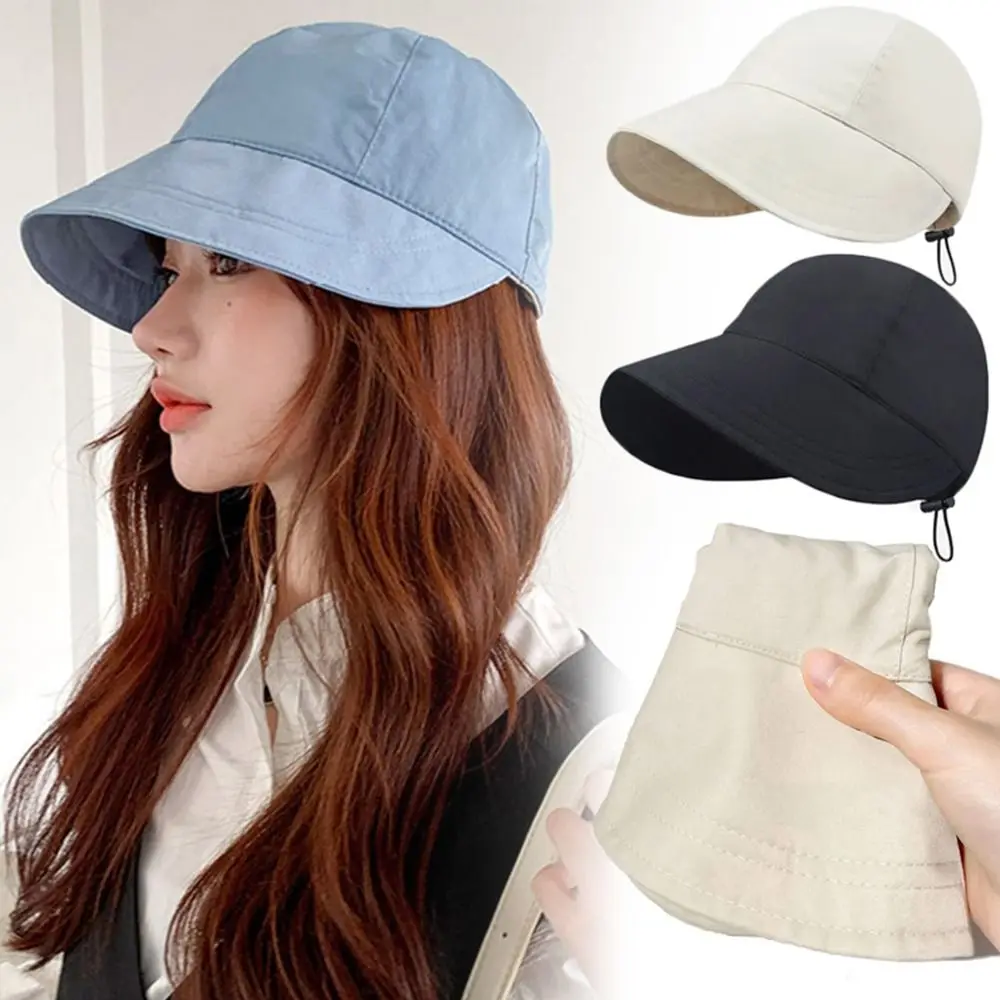 Foldable Sun Hat Summer Ponytail Wide Brim Beach Caps Drawstring Adjustable Bucket Hat Men Women