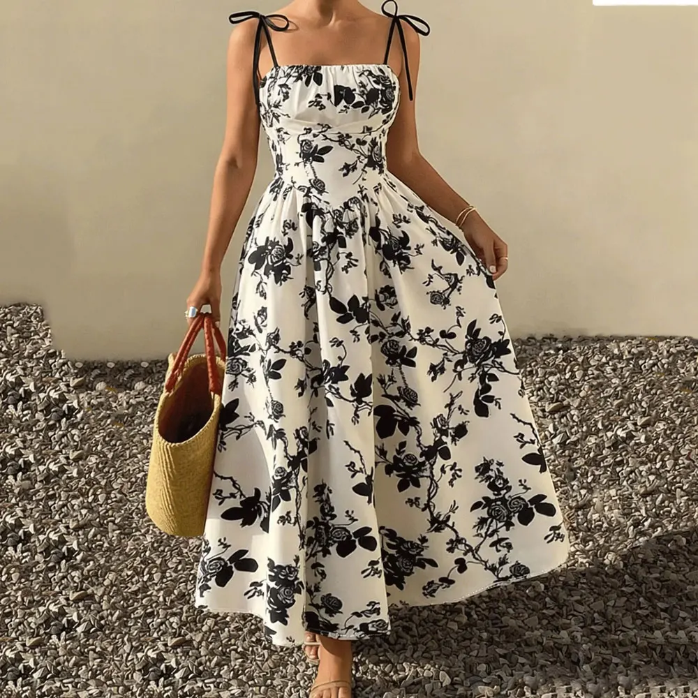 Summer Female Floral Dress French Style Elegant Slim Waist Large Hem Woman Strap Dress Vintage Lady Dresses