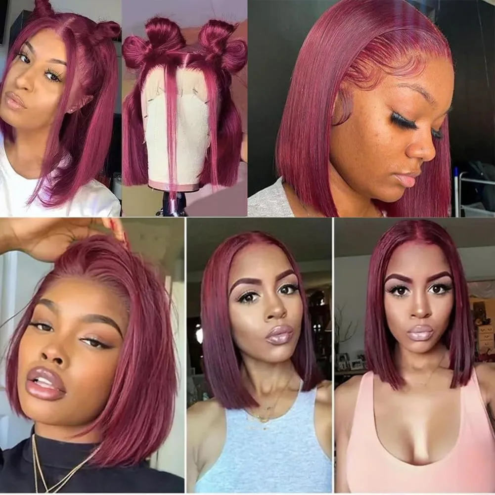 Wig Bob Burgundy 99J Rambut Asli 13x4 HD Wig Lace Frontal Transparan 8-14 Inch Wig Bob Pendek Rambut Asli Untuk Wanita