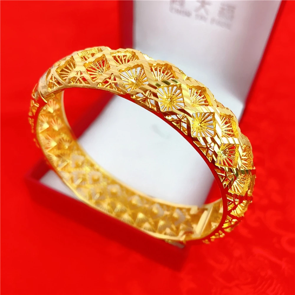 Women Bangle Hollow Bracelet  Geometric Pattern 18k Yellow Gold Filled Vintage Popular Women's Wedding Jewelry Gift Dia 63mm