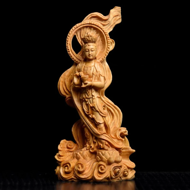 1 Pc Cliff Cypress Wood Guanyin Ornaments Feng Shui Decoration Home Decoration Woodcarving Handicrafts Buddha Statue Ornaments